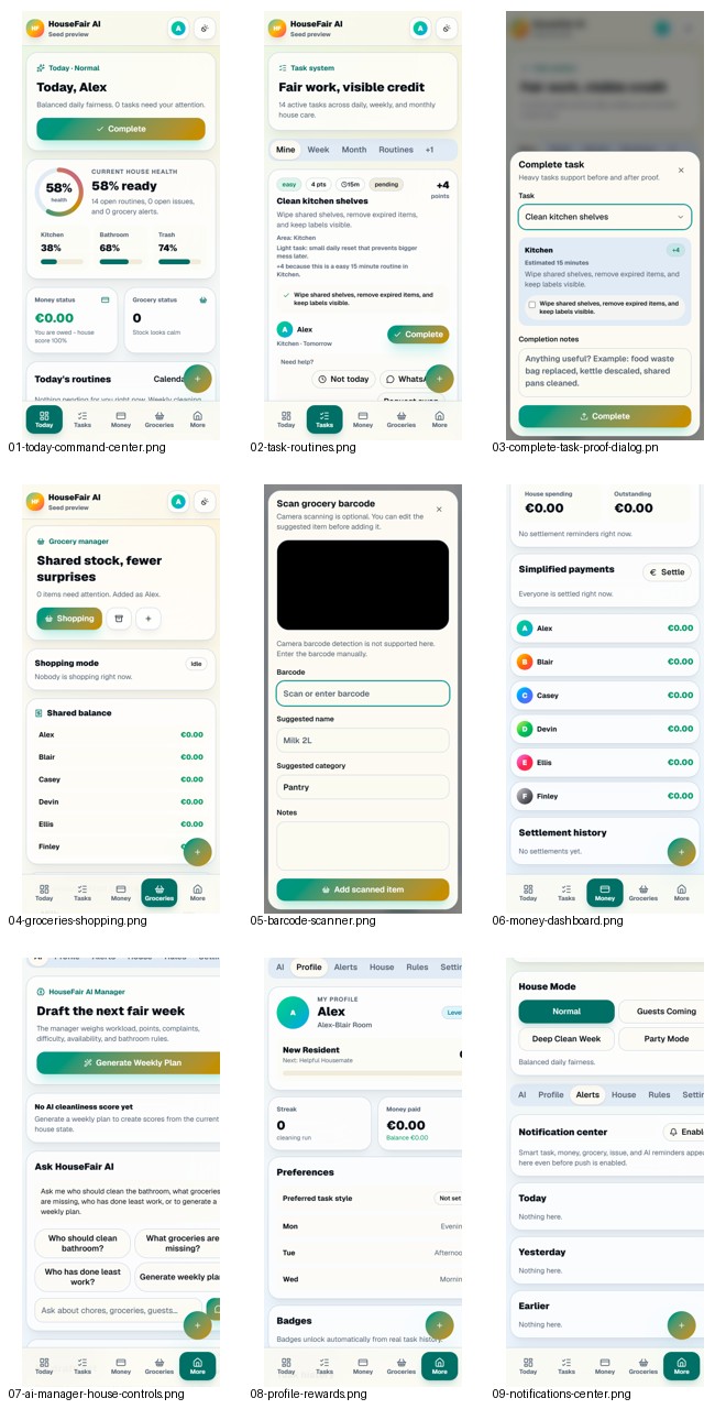 HouseFair mobile product screens for chores, groceries, shared money and house planning