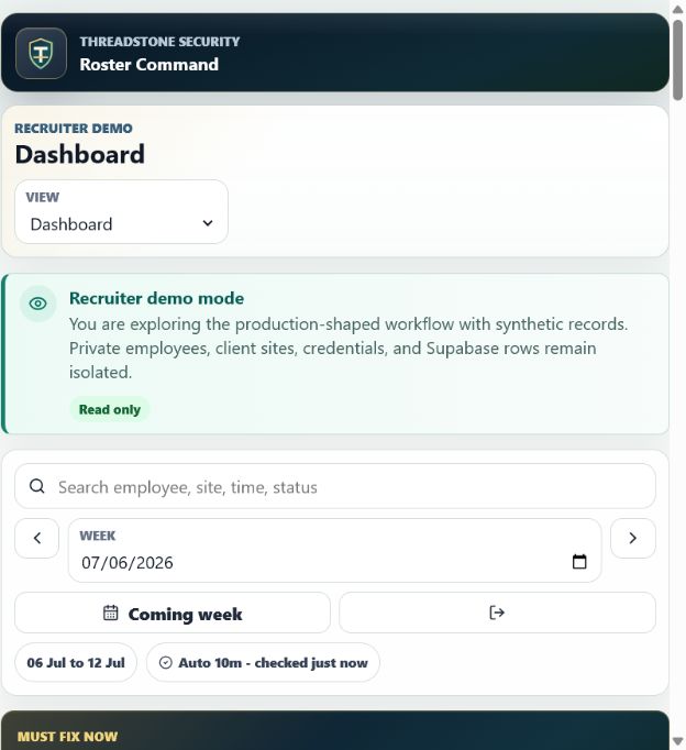 Roster Command recruiter demo showing a synthetic read-only workforce operations dashboard