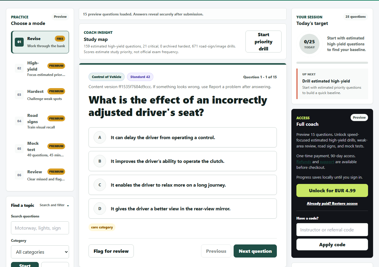 Irish Theory Test Coach desktop practice workspace with secure preview questions