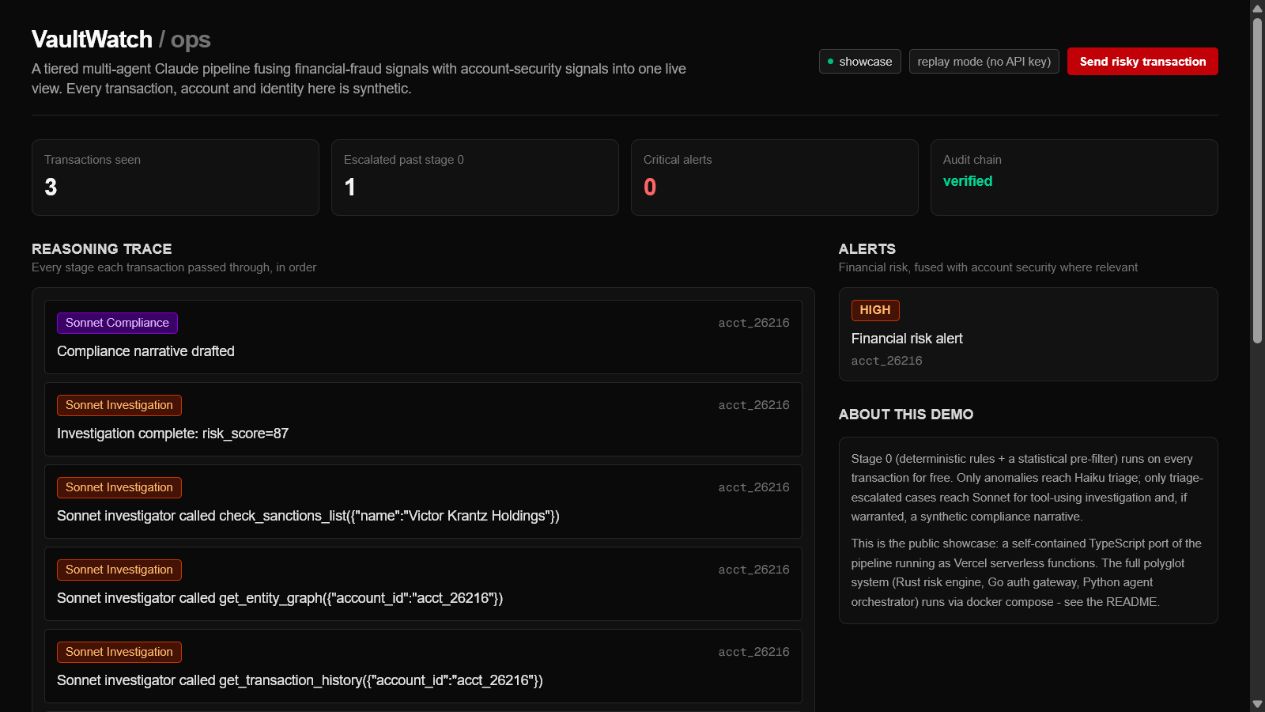 VaultWatch operations dashboard showing a synthetic risk investigation trace and alert